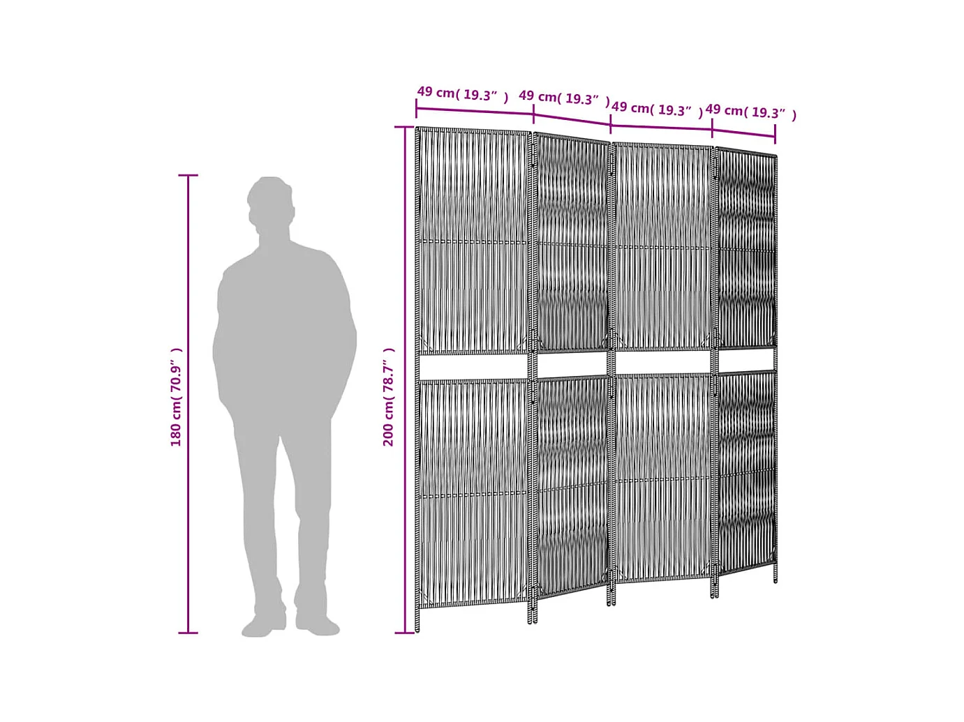 Cloison de séparation 4 panneaux noir résine tressée