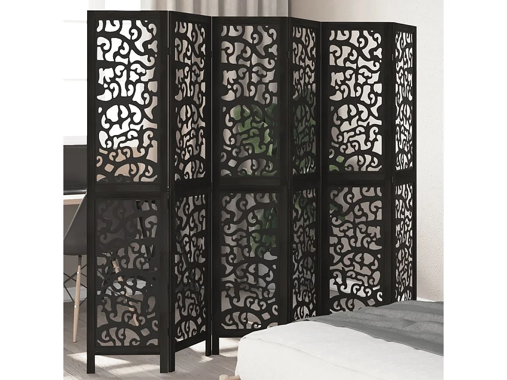 Cloison de séparation 6 panneaux noir bois de paulownia massif