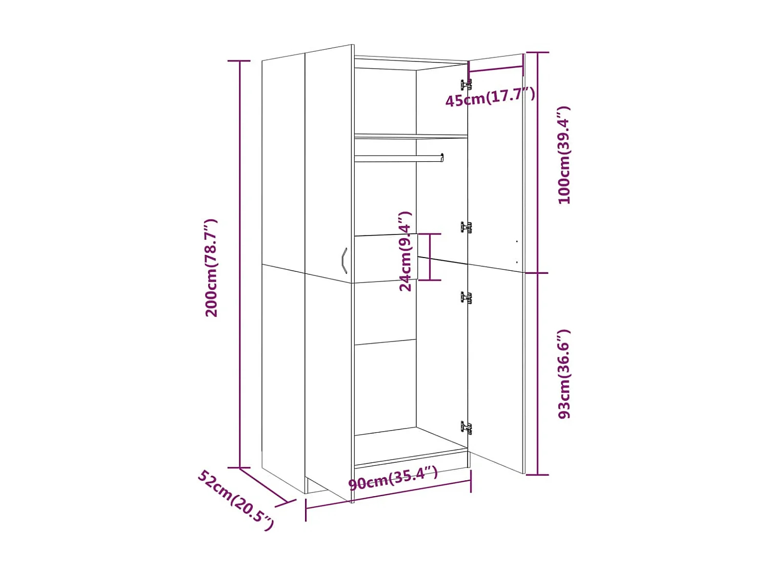 Sonoma grauer Kleiderschrank 90x52x200 cm Holzwerkstoff