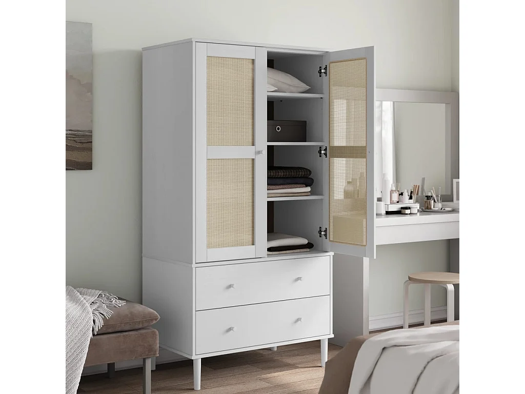 Garde-robe SENJA aspect rotin blanc 90x55x175cm bois massif pin
