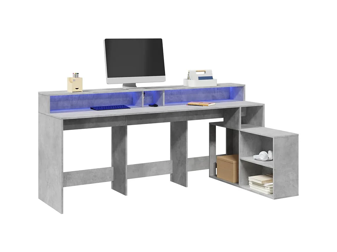 Bureau et lumières LED gris béton 200x104x91cm bois ingénierie
