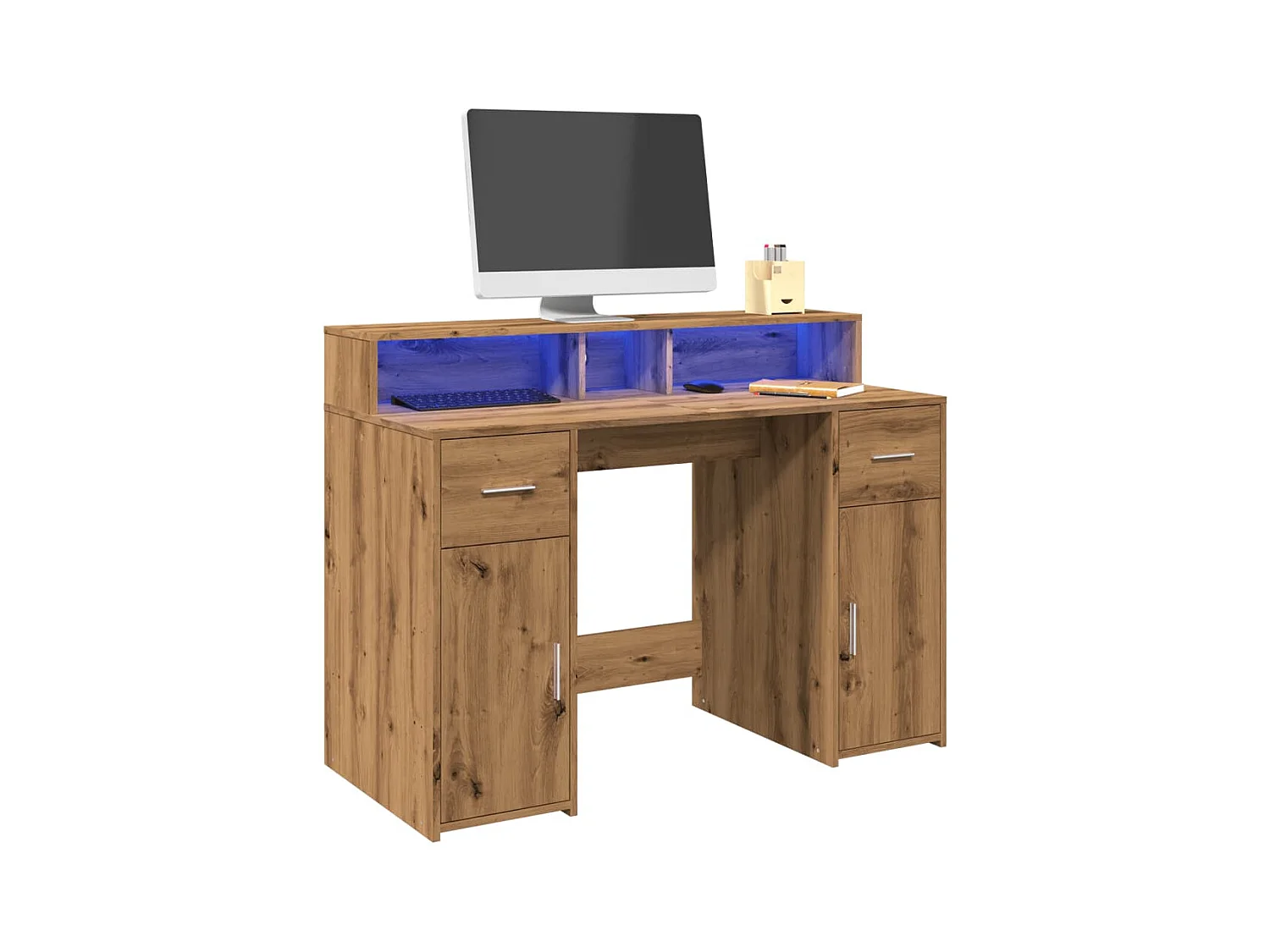 Bureau avec lumières LED chêne artisanal bois d'ingénierie