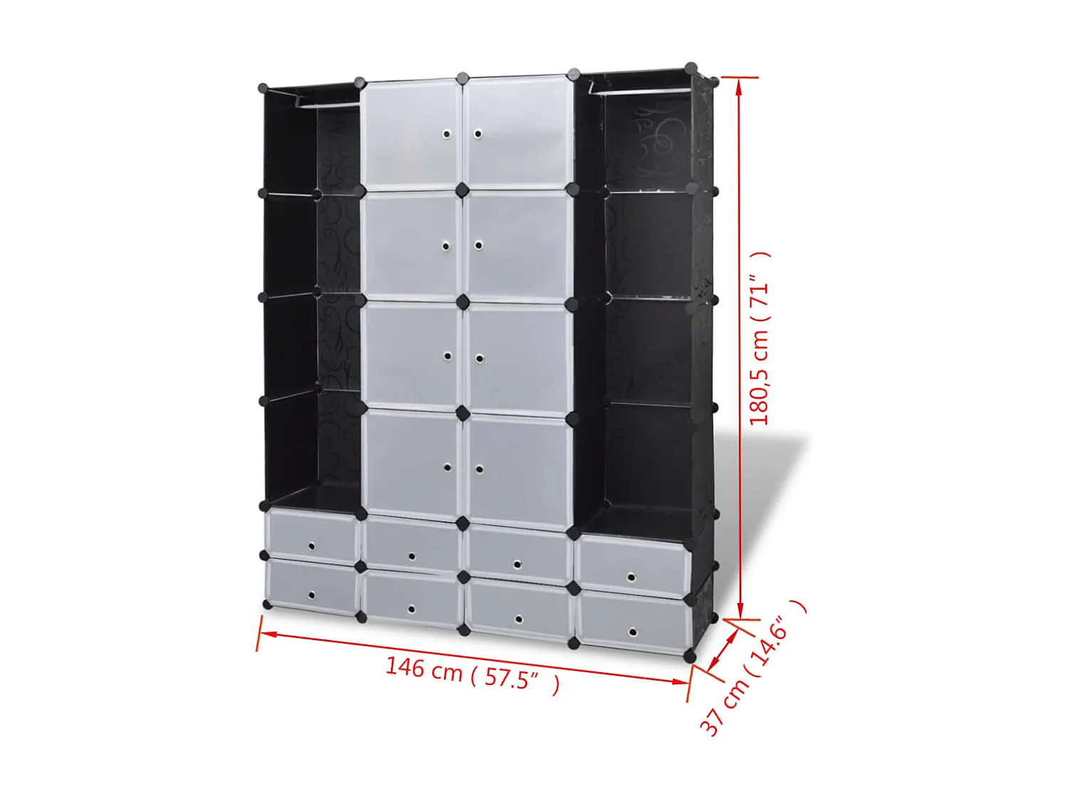 Armario modular 18 compartimentos Blanco y negro 37x146x180,5cm