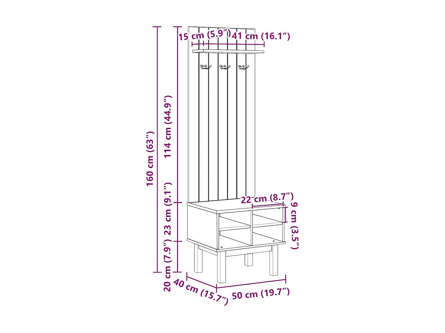 Meuble d'entrée OTTA 50x40x160 cm bois massif de pin