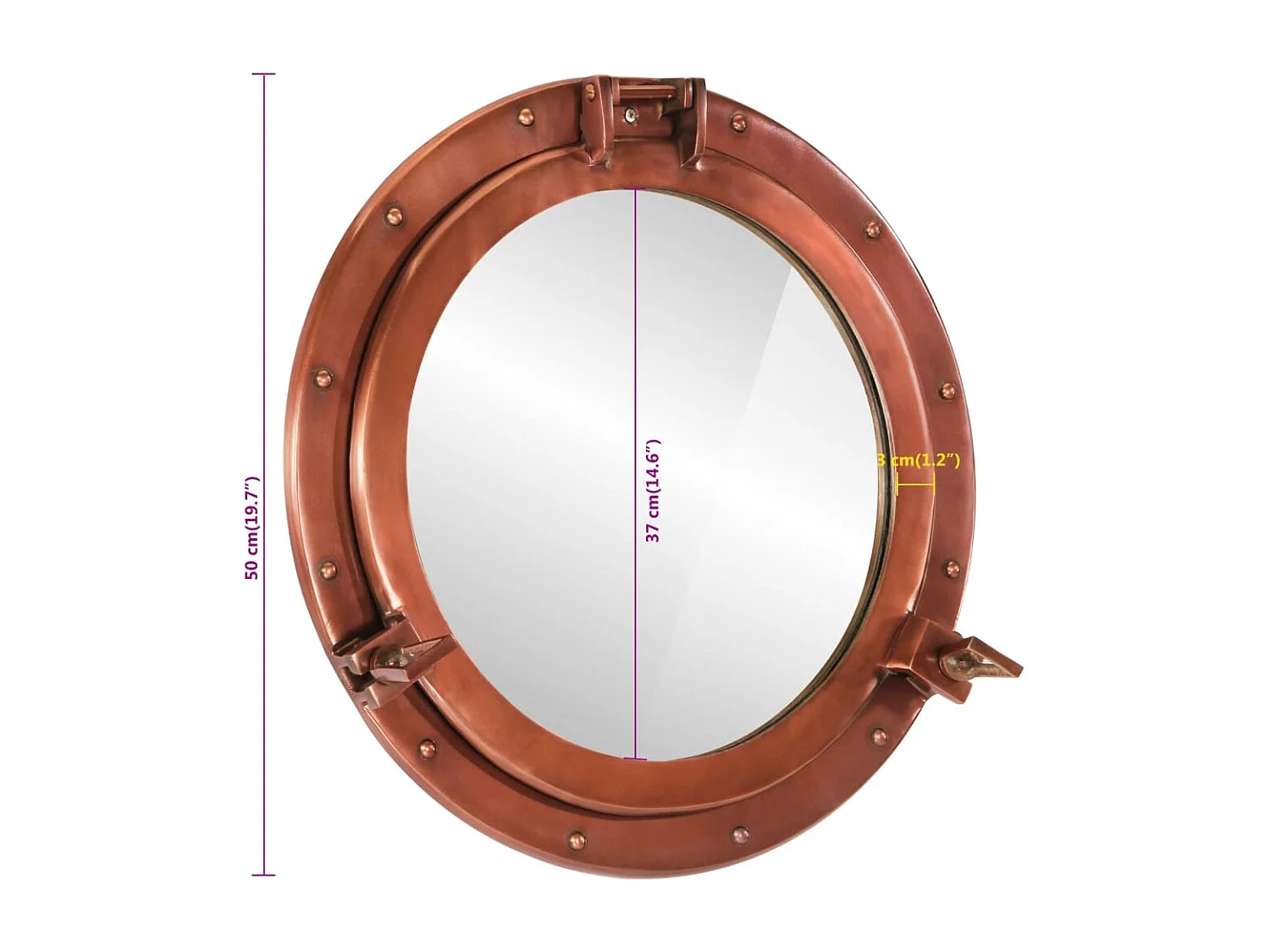 Espelho de parede estilo escotilha Ø50 cm alumínio e vidro