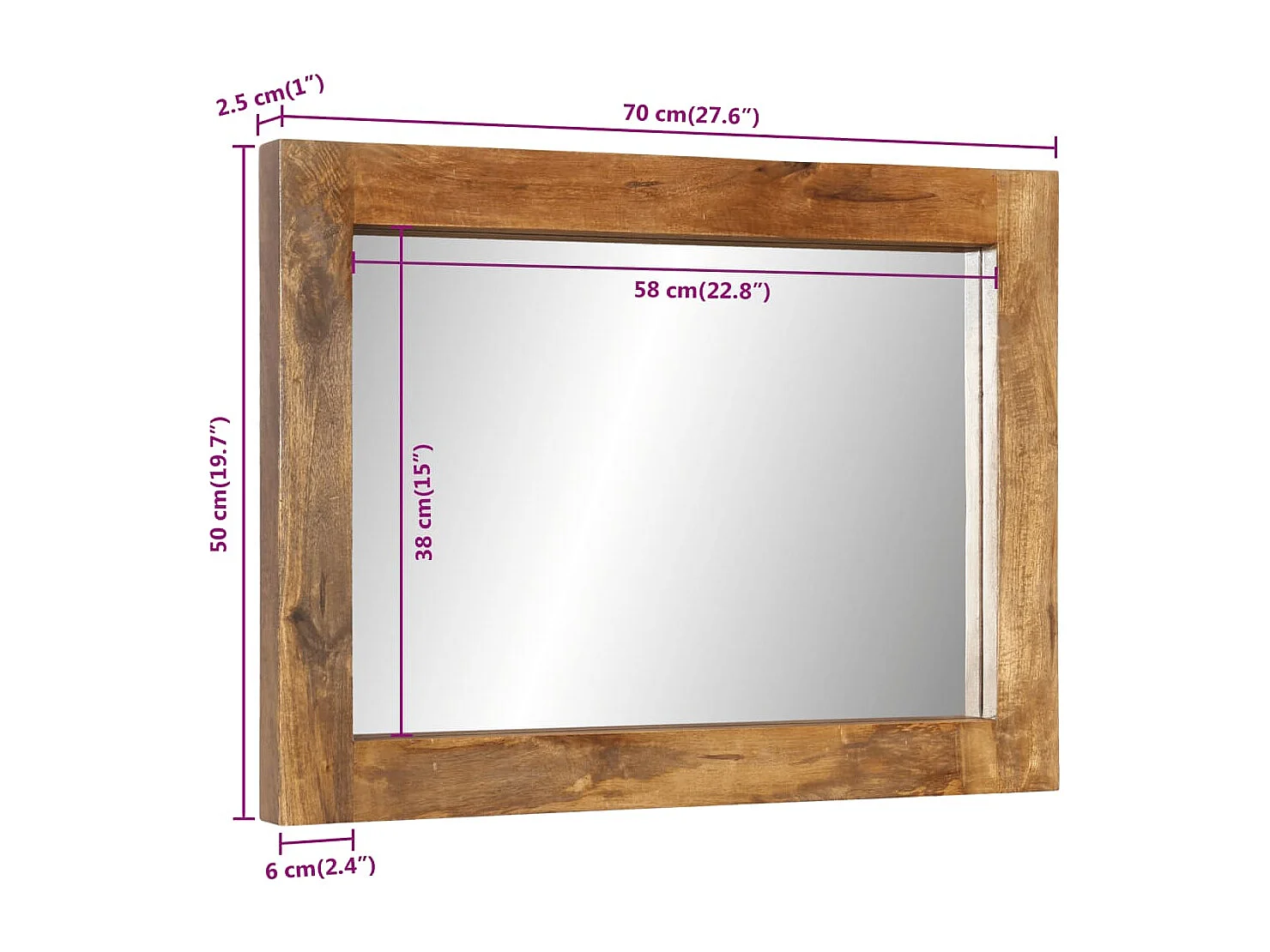 Miroir 70x50 cm bois de manguier massif et verre