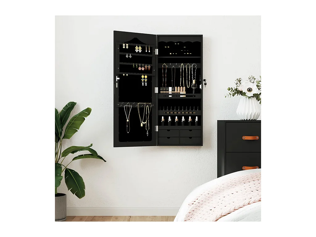Armoire à bijoux avec miroir murale noir 37,5x10x90 cm
