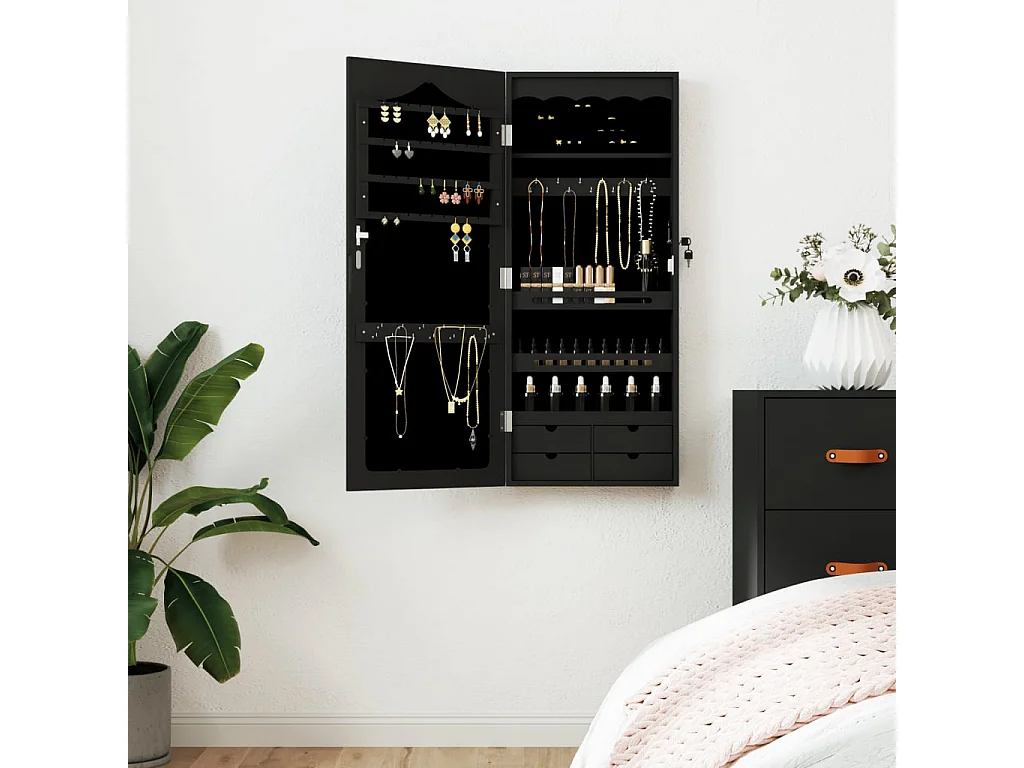 Móvel para joias de parede espelhado 37,5x10x90 cm preto