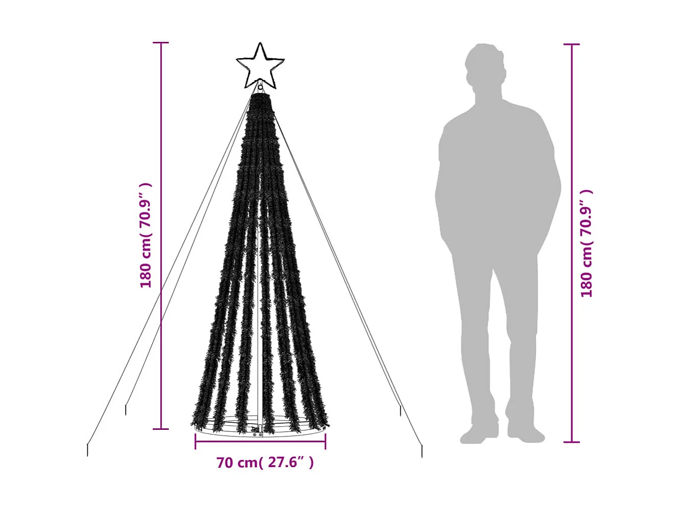 Konischer leuchtender Weihnachtsbaum 275 kaltweiße LEDs 180 cm