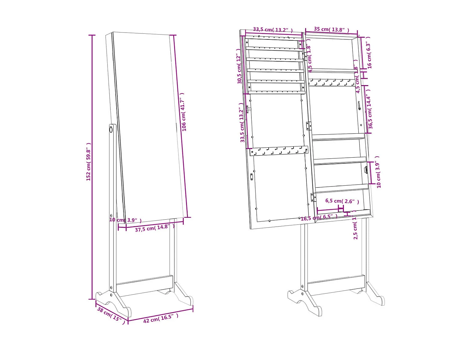 Armoire à bijoux avec miroir sur pied 42x38x152 cm