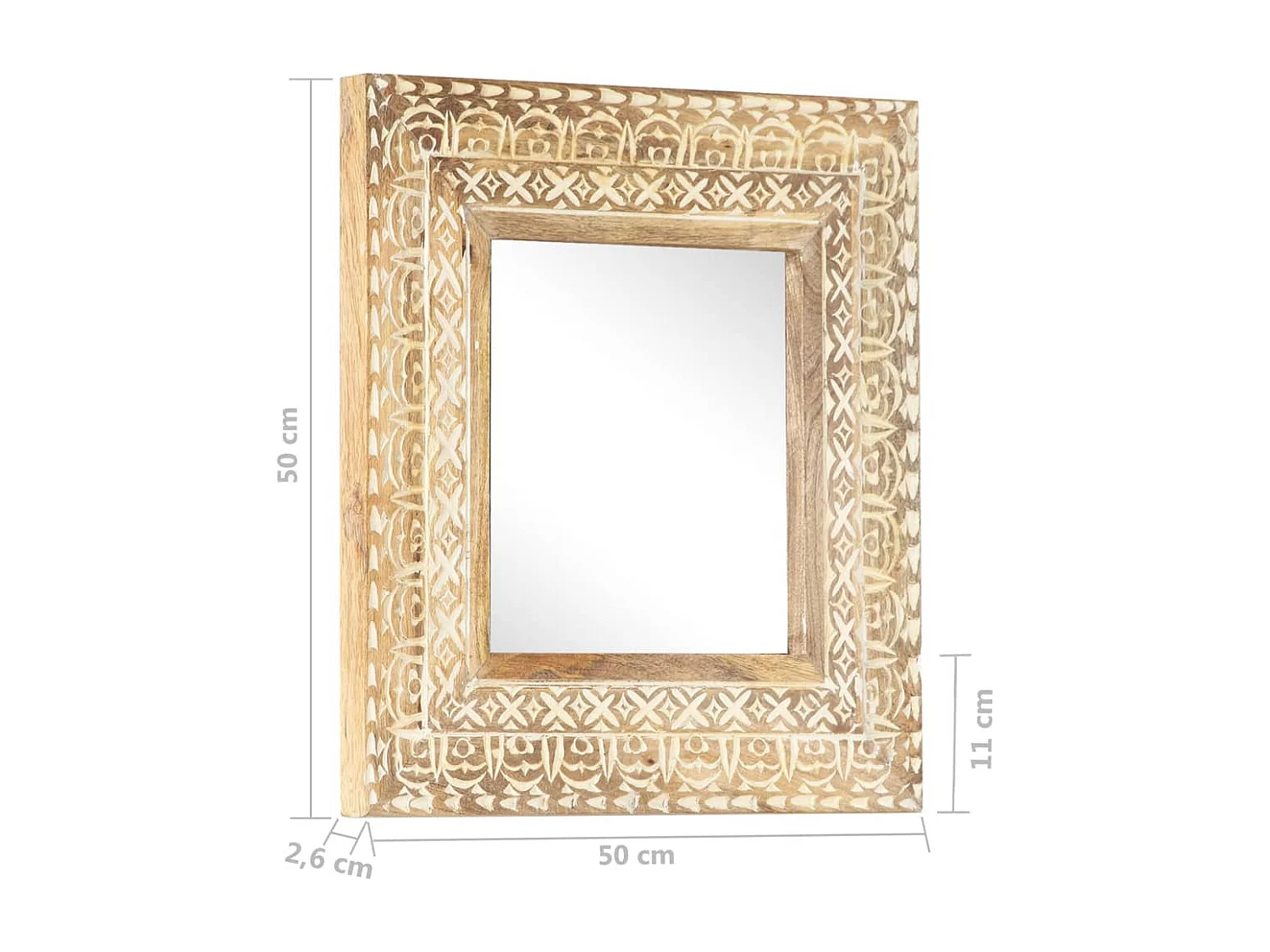 Specchio Intagliato a Mano 50x50x2,6 cm in Massello di Mango