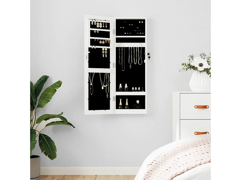 Móvel para joias de parede espelhado 30x8,5x90 cm branco