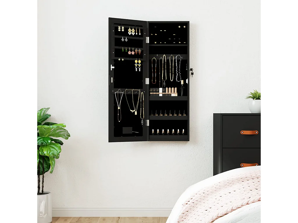 Armoire à bijoux avec miroir et éclairage LED mural noir