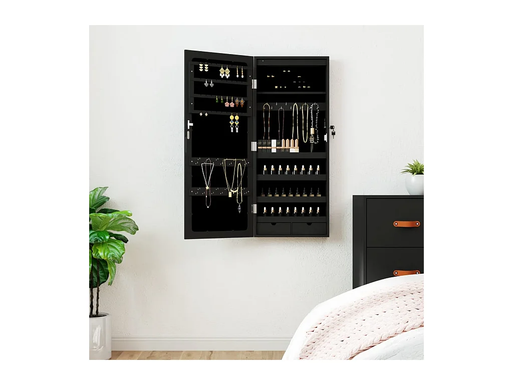 Armoire à bijoux avec miroir et éclairage LED mural noir