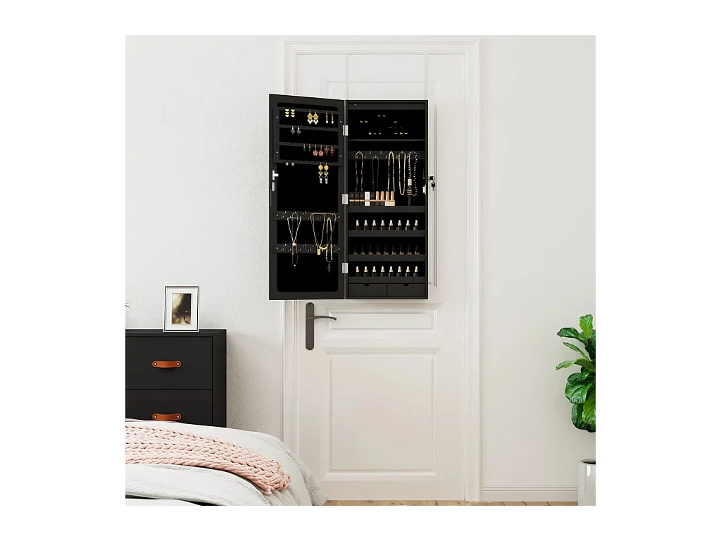Armoire à bijoux avec miroir et éclairage LED mural noir