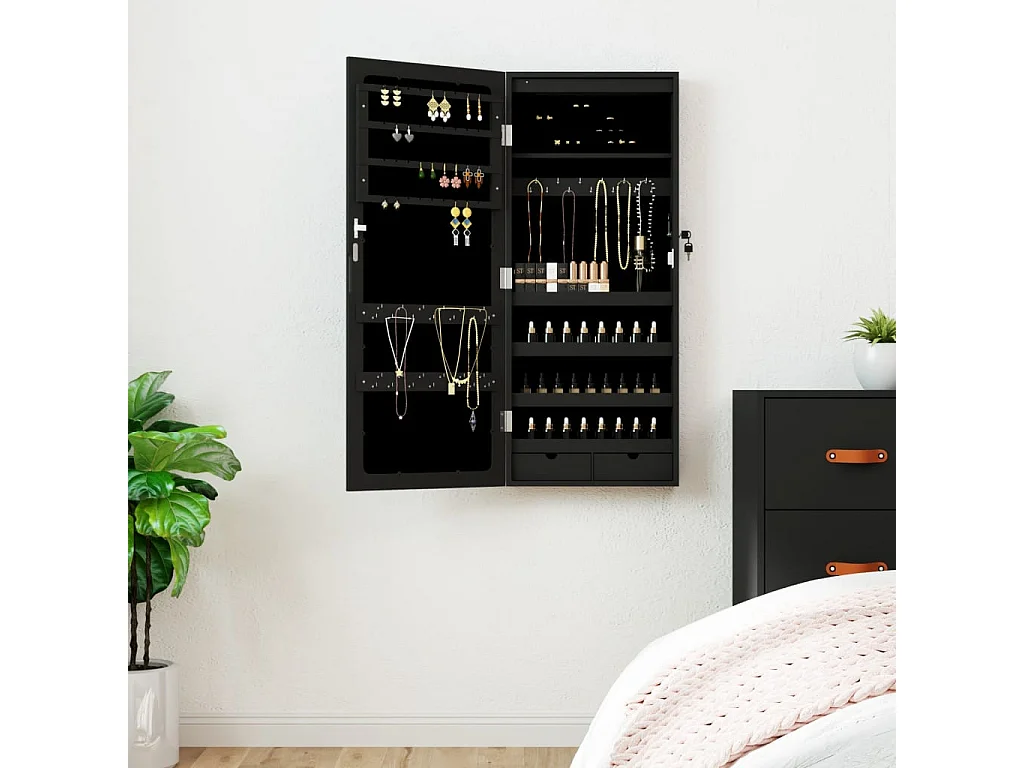 Armoire à bijoux avec miroir et éclairage LED mural noir