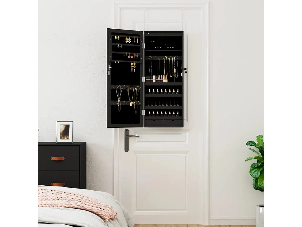 Armoire à bijoux avec miroir et éclairage LED mural noir