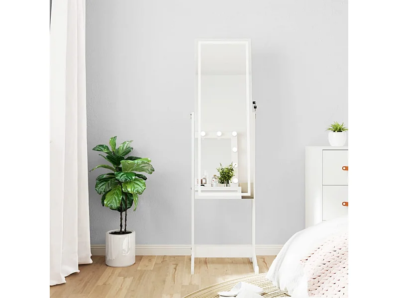 Armoire à bijoux miroir avec lumières LED sur pied blanc