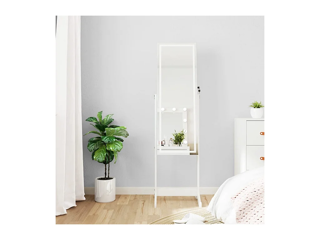 Armoire à bijoux miroir avec lumières LED sur pied blanc