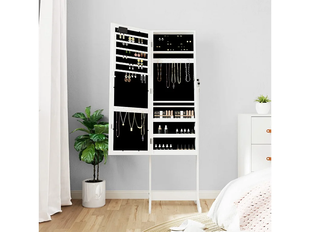 Armoire à bijoux miroir avec lumières LED sur pied blanc