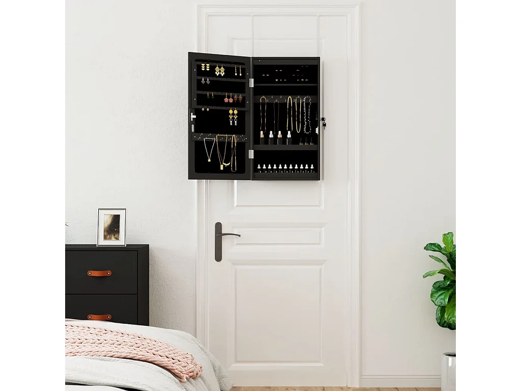 Armoire à bijoux avec miroir et éclairage LED mural noir