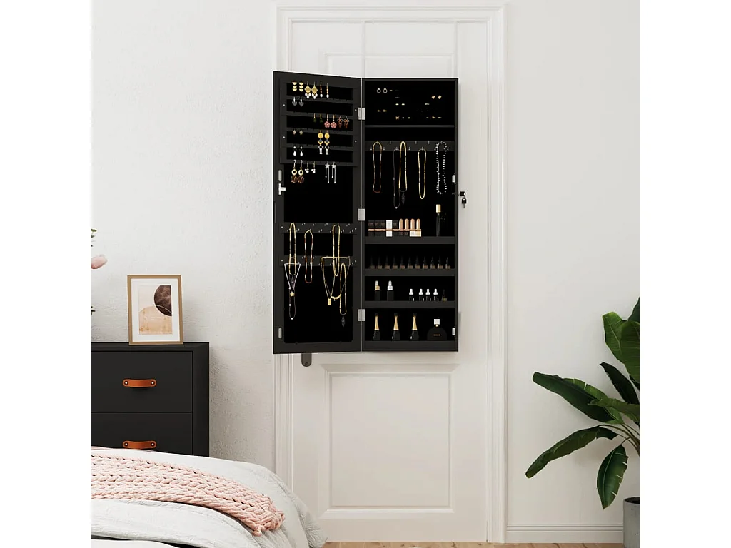 Armadio Portagioie con Specchio a Muro Nero 37,5x10x106 cm