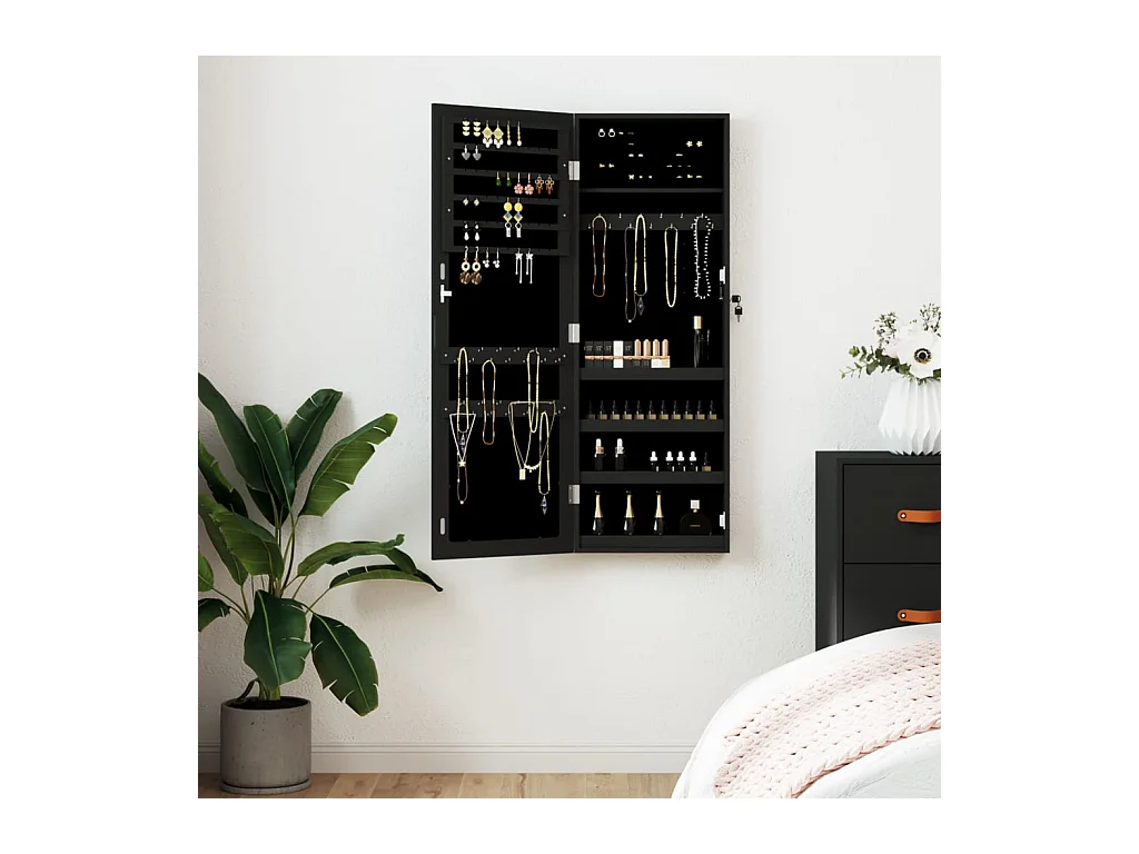 Armadio Portagioie con Specchio a Muro Nero 37,5x10x106 cm