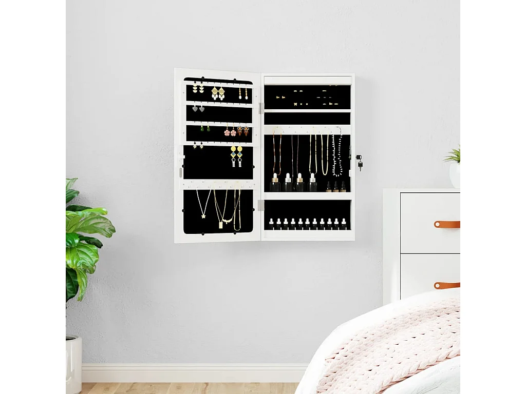 Móvel para joias de parede espelhado com luzes LED branco