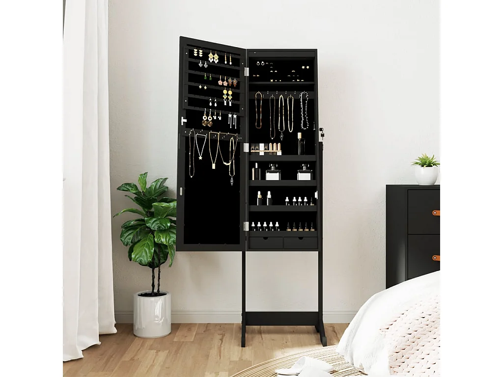 Armoire à bijoux miroir avec lumières LED sur pied noir