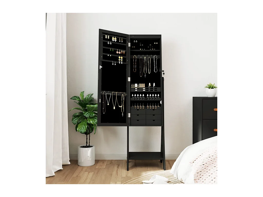 Armário espelhado para joias independente c/ luzes LED preto