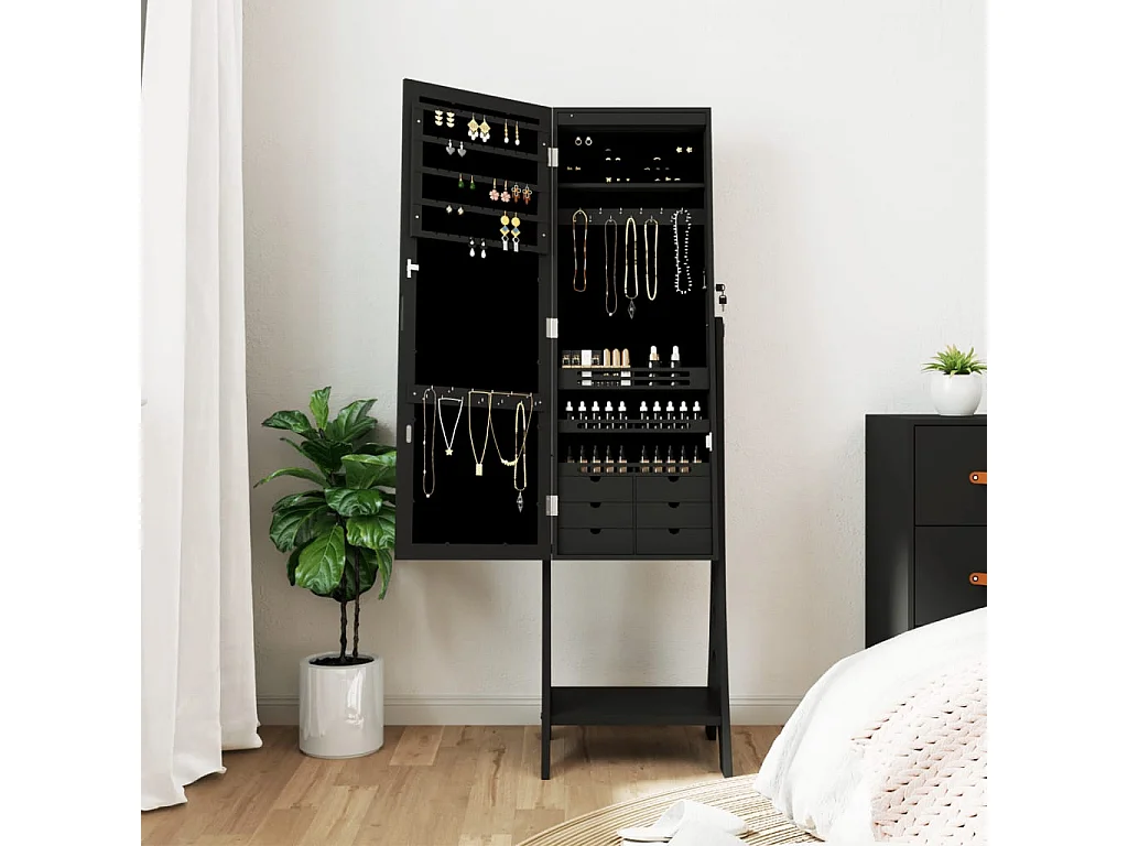 Armoire à bijoux miroir avec lumières LED sur pied noir