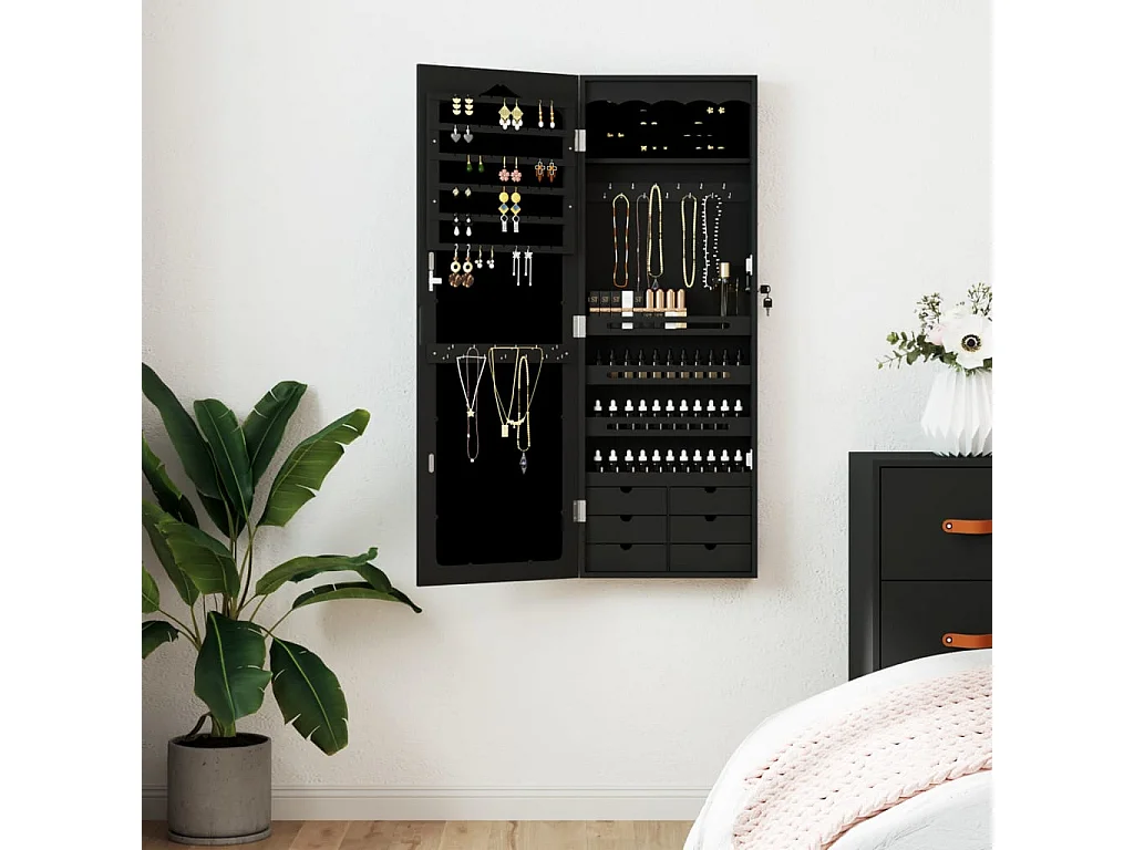 Armadio Portagioie con Specchio a Muro Nero 37,5x10x106 cm