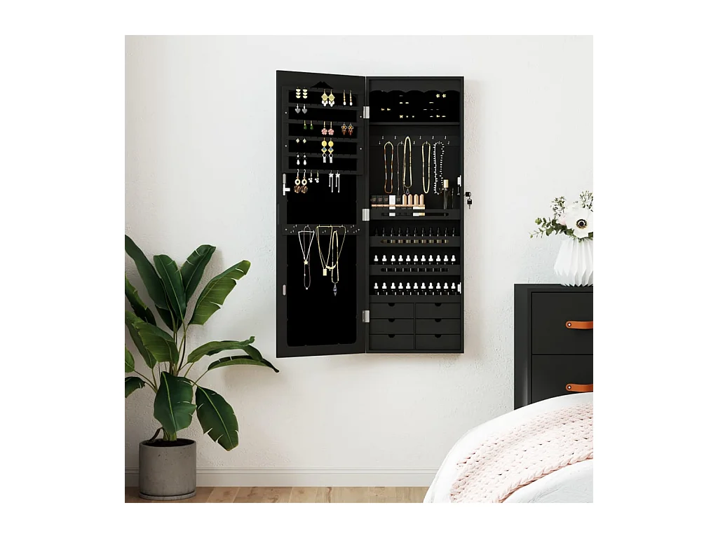 Armoire à bijoux avec miroir murale noir 37,5x10x106 cm