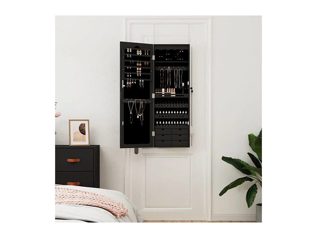 Armoire à bijoux avec miroir murale noir 37,5x10x106 cm