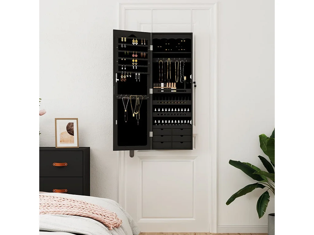 Armoire à bijoux avec miroir murale noir 37,5x10x106 cm