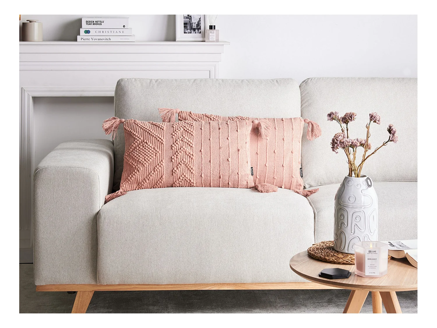 Dekokissen 2er Set Baumwolle pfirsich rosa 30x50 cm Quasten einfarbig Valvaria