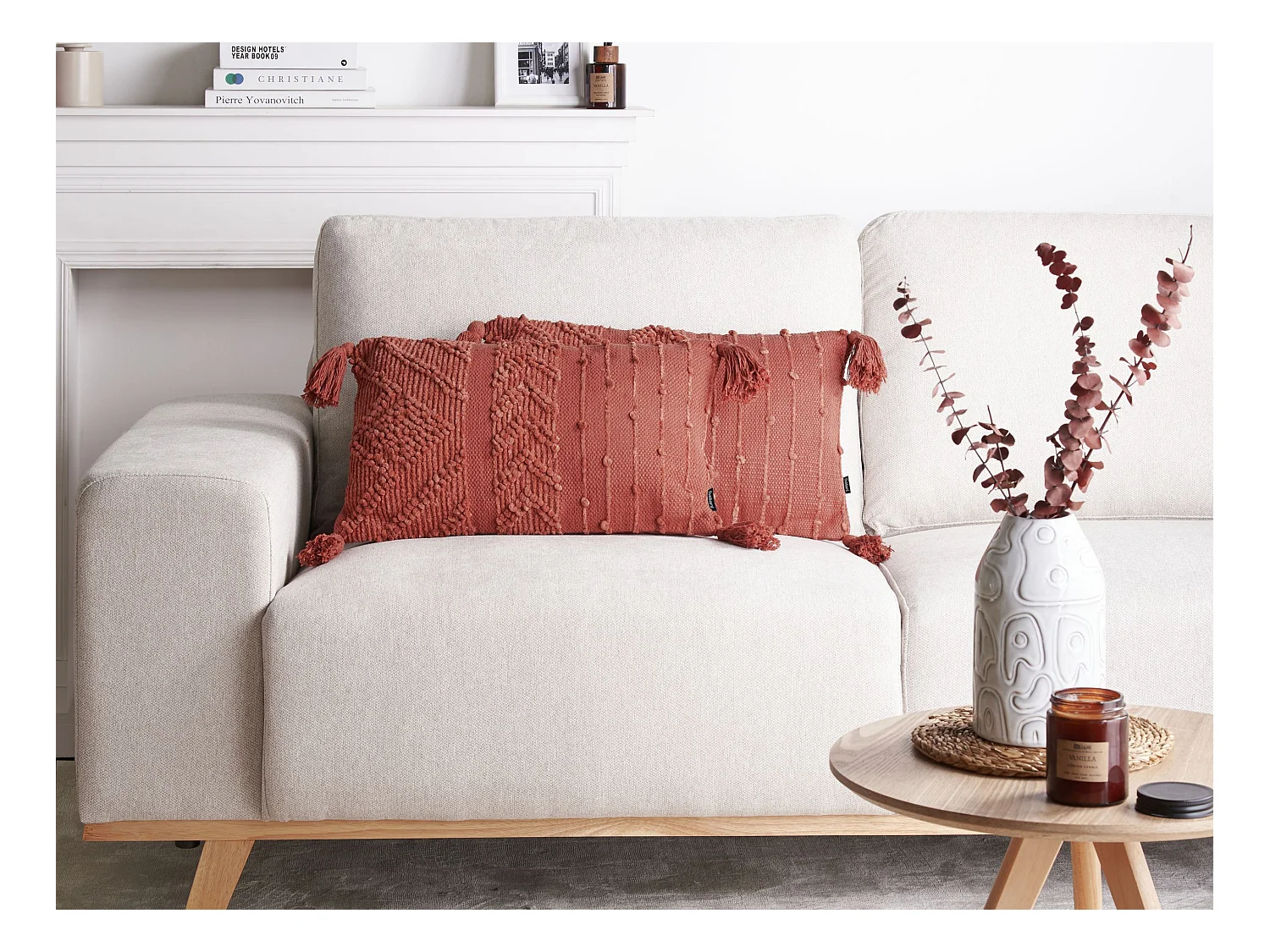 Dekokissen 2er Set Baumwolle hell rot 30x50 cm mit Quasten einfarbig Valvaria