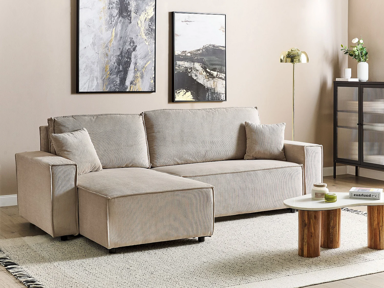 Corner Sofa Bed 3 Seater ABACKA Corduroy Beige Right Hand