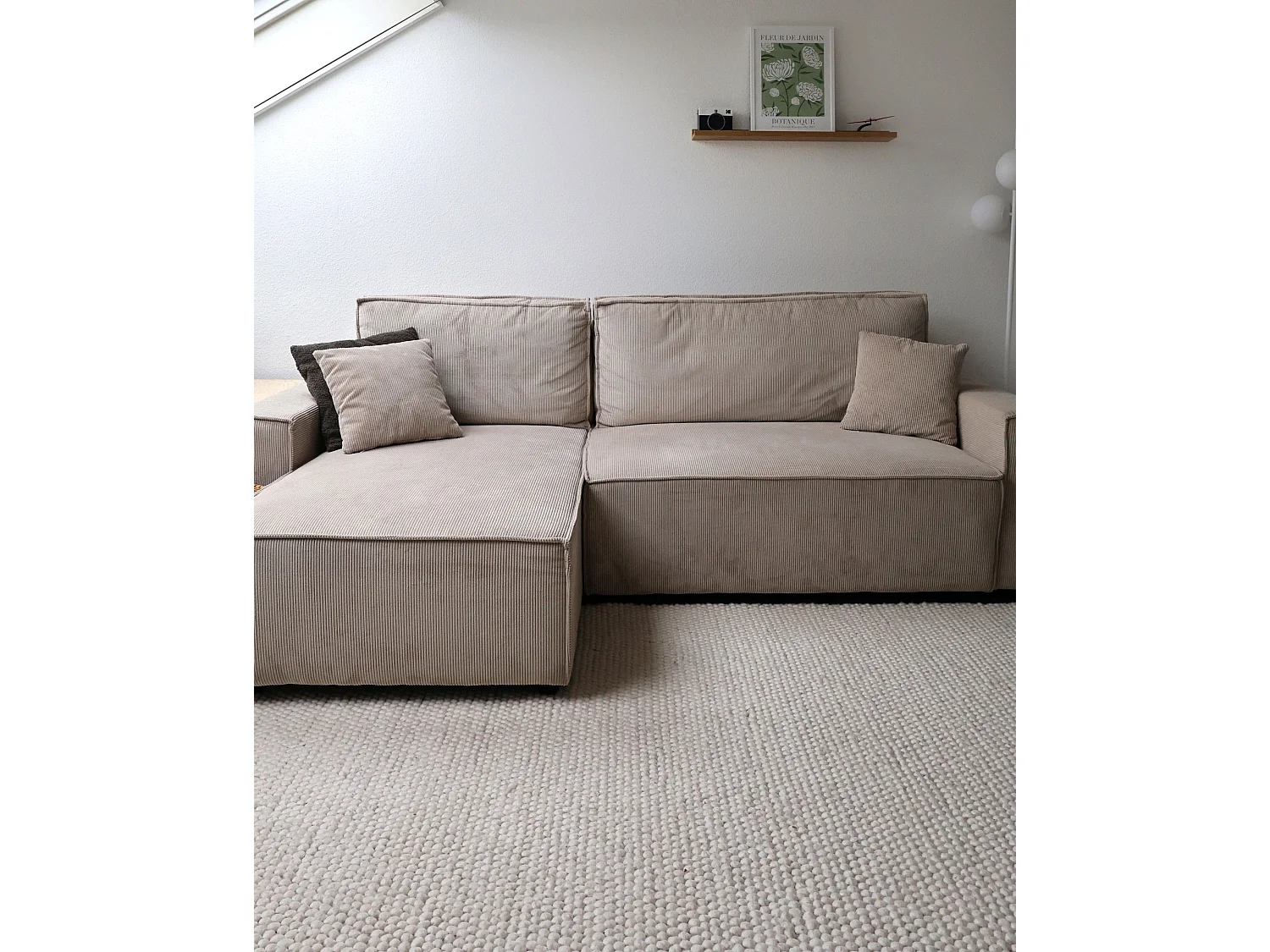 Canapé d'angle droit convertible 3 places en velours beige