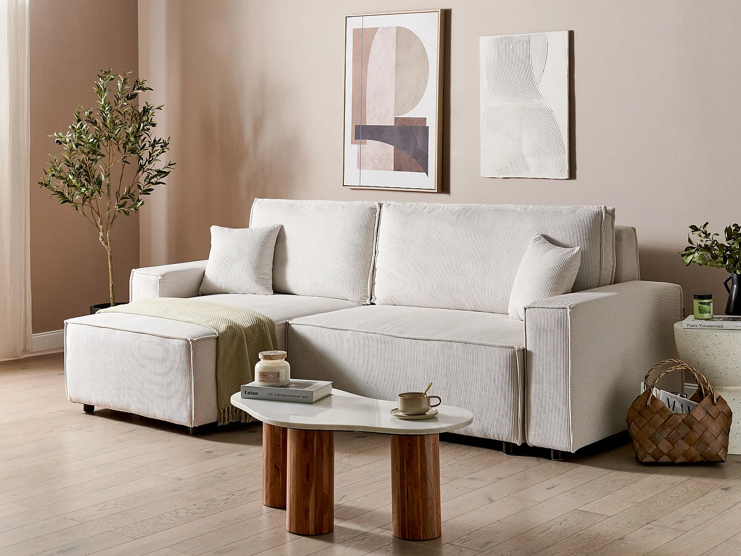 Canapé-lit Angle Droite Extensible pour Couchage et Coussins Amovibles Rembourrés en Velours Côtelé Blanc Cassé Abacka