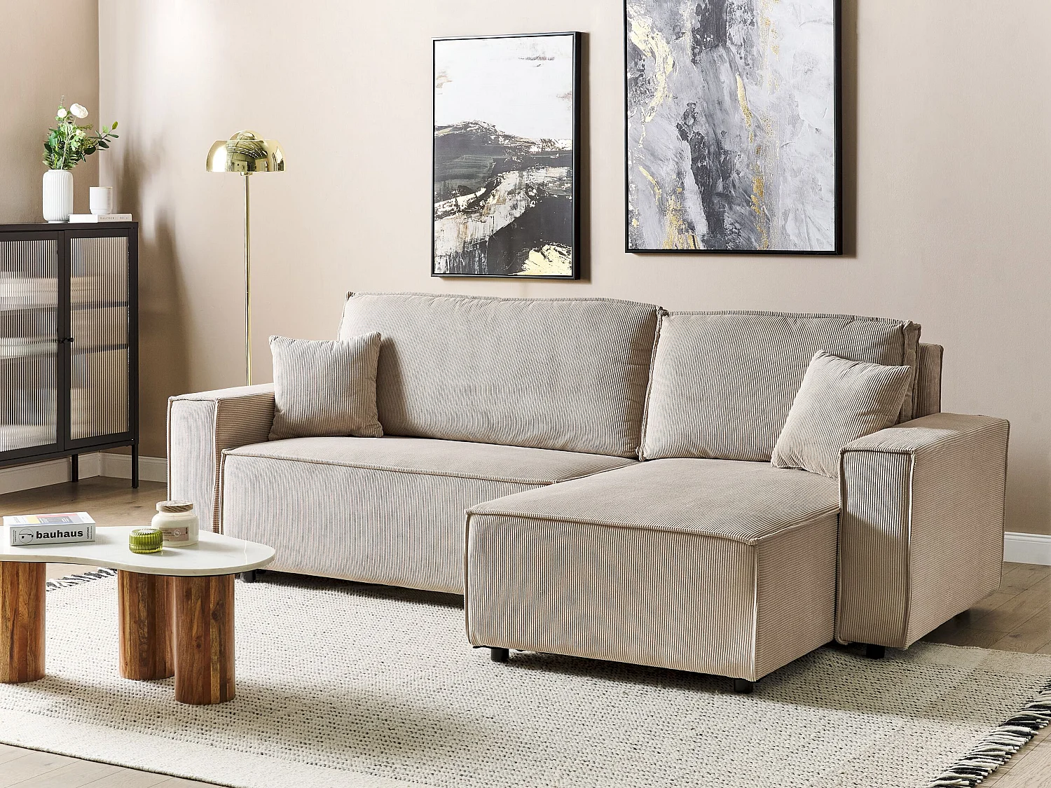 Canapé-lit Angle Gauche Extensible pour Couchage et Coussins Amovibles Rembourrés en Velours Côtelé Beige Abacka