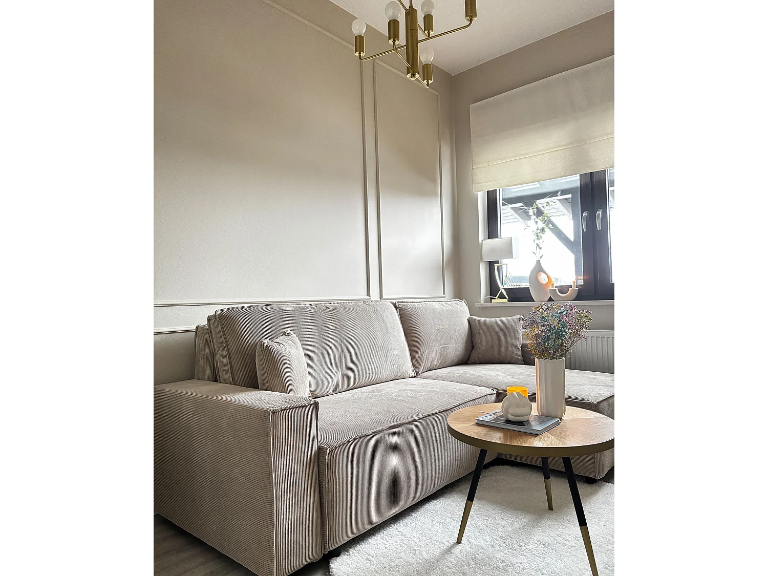 Canapé d'angle gauche convertible 3 places en velours beige