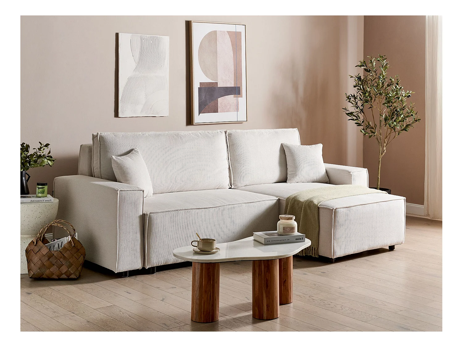 2-Sitzer Ecksofa Cord weiß L-Form mit Schlaffunktion Chaiselongue links Abacka