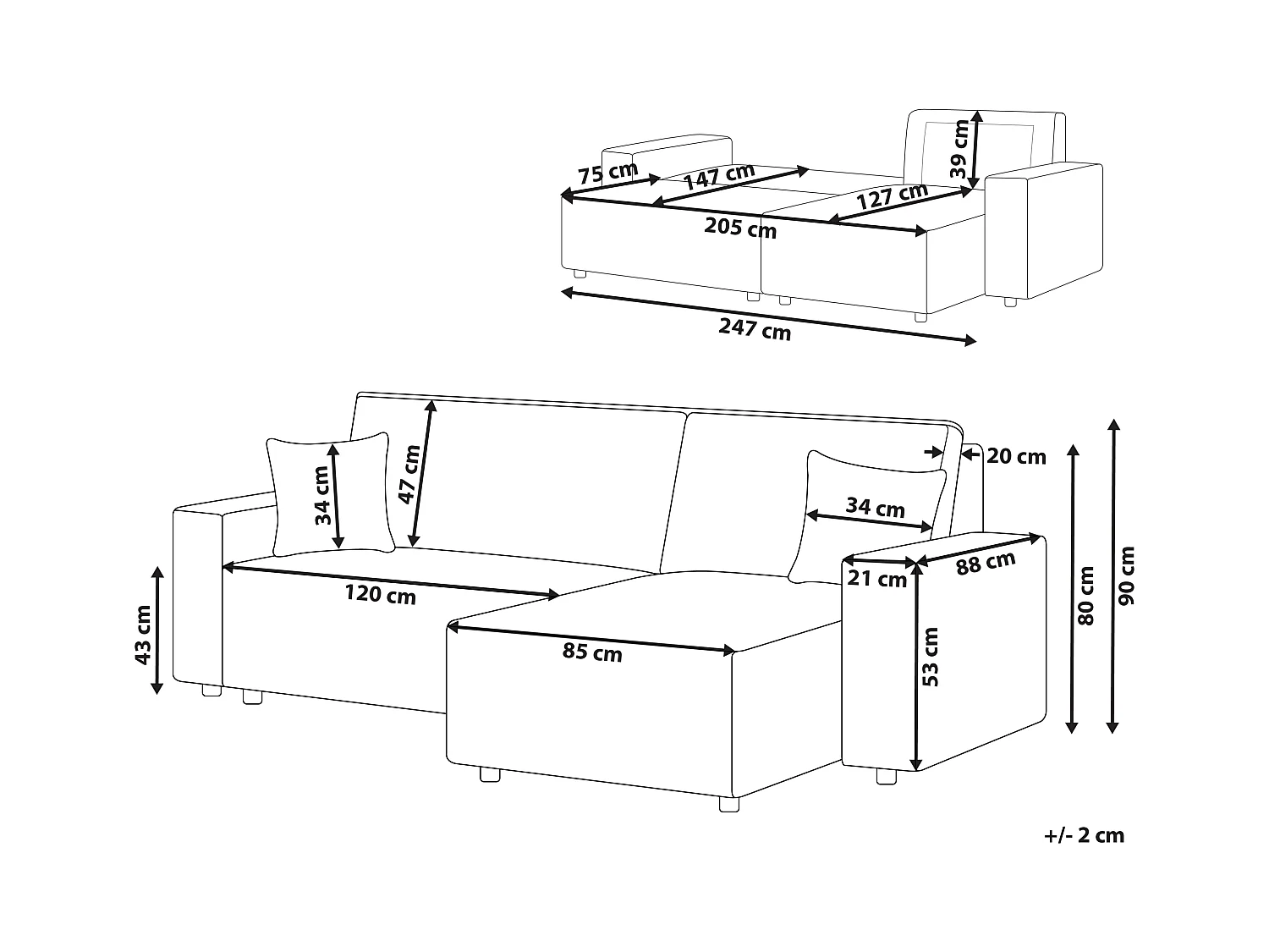 2-Sitzer Ecksofa Cord weiß L-Form mit Schlaffunktion Chaiselongue links Abacka
