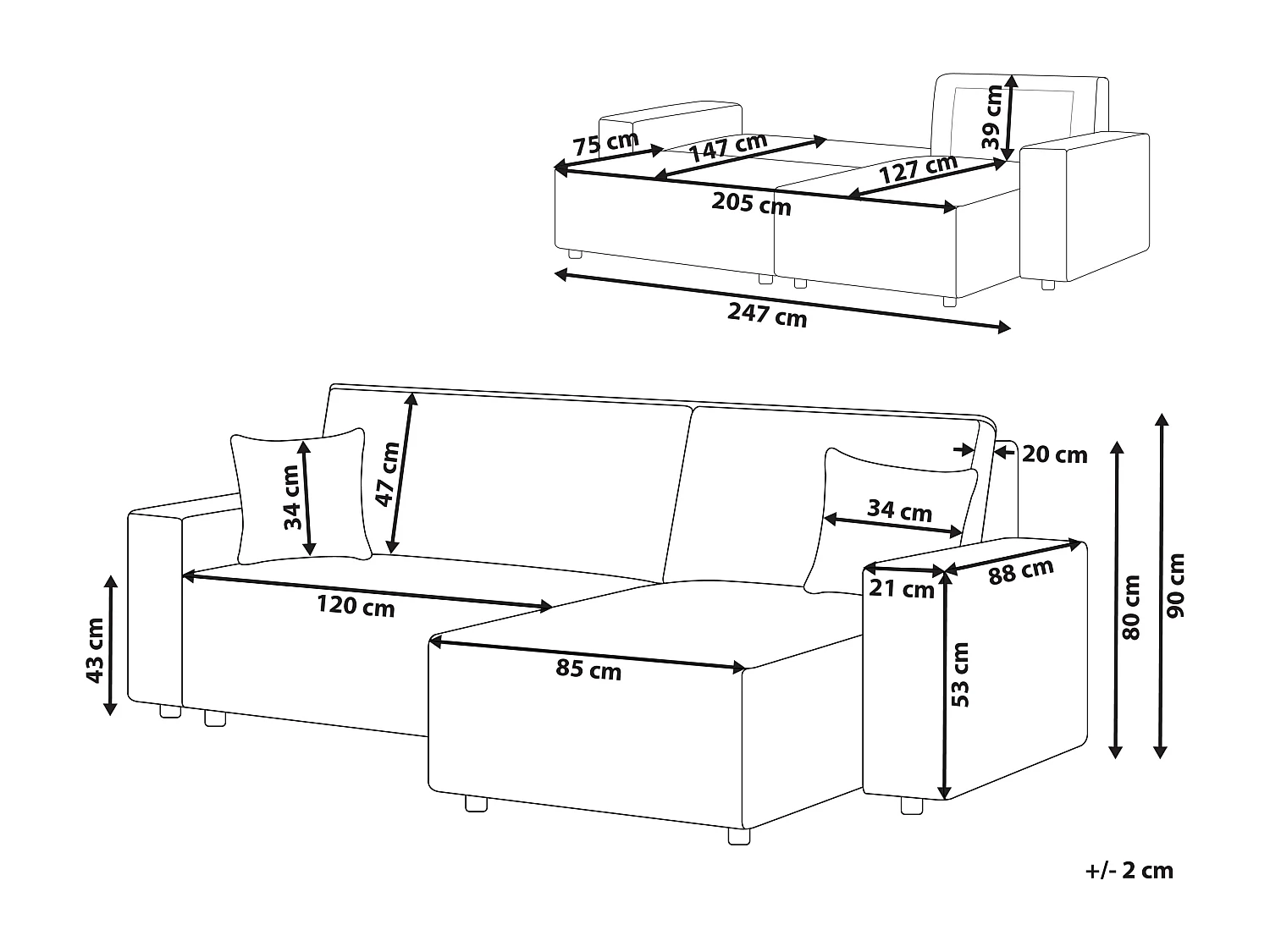 2-Sitzer Ecksofa Cord weiß L-Form mit Schlaffunktion Chaiselongue links Abacka