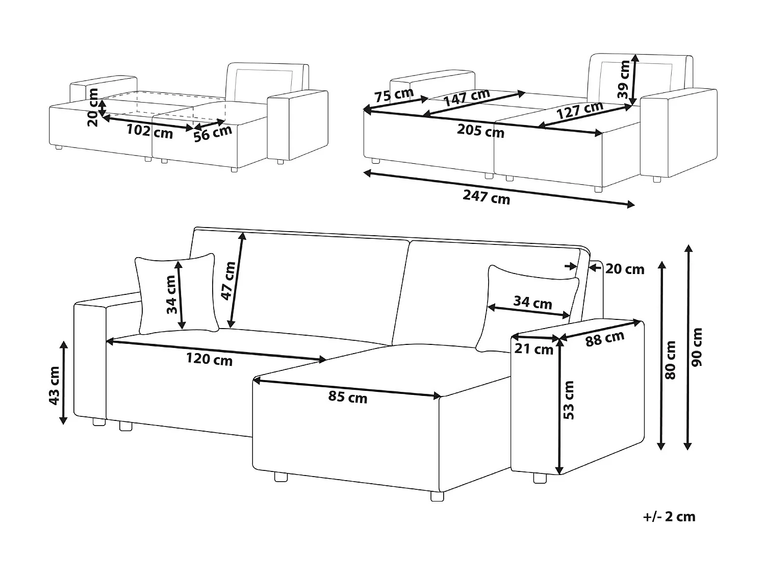 2-Sitzer Ecksofa Cord weiß L-Form mit Schlaffunktion Chaiselongue links Abacka