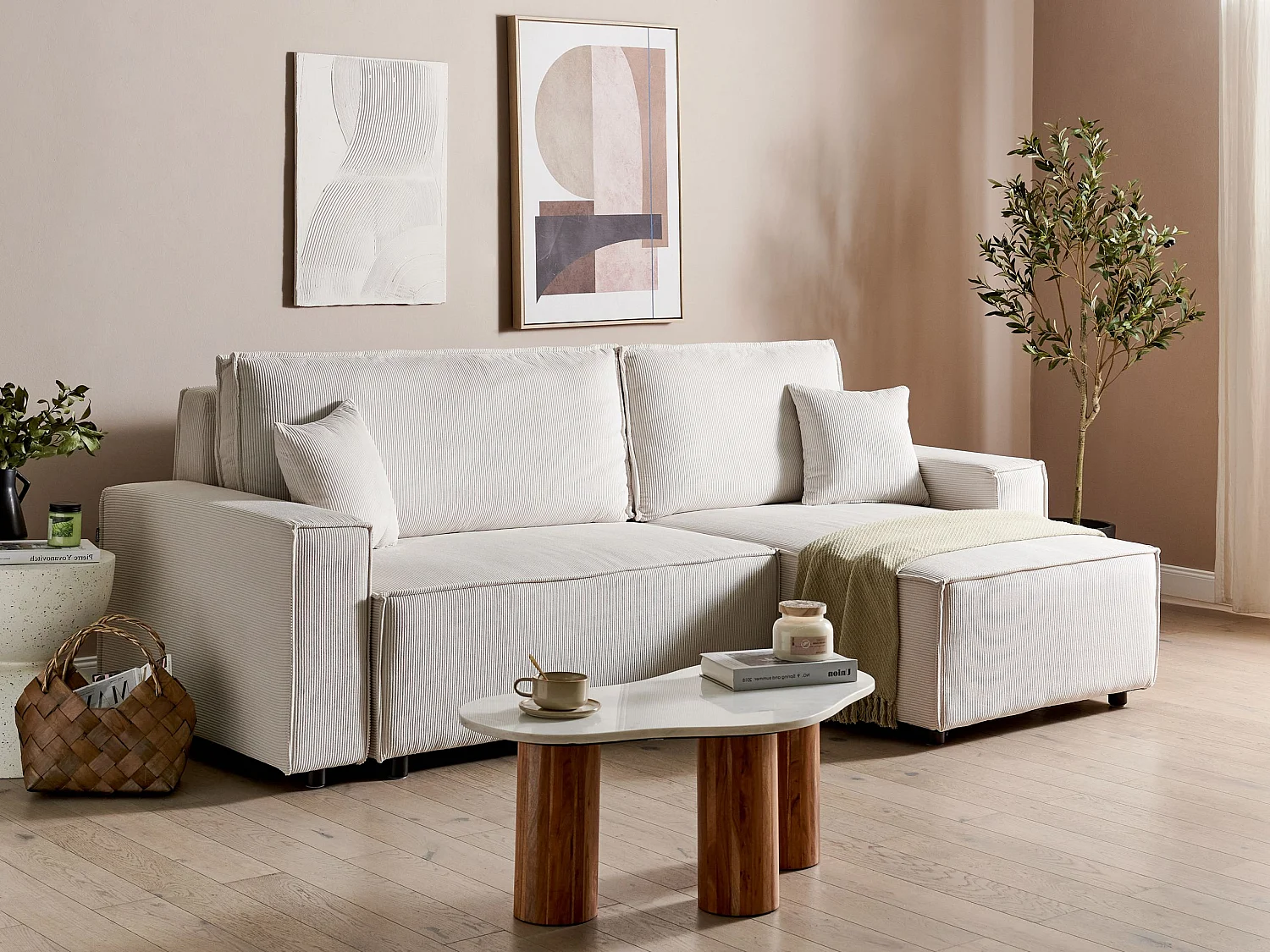 Corner Sofa Bed 3 Seater ABACKA Corduroy Off-White Left Hand