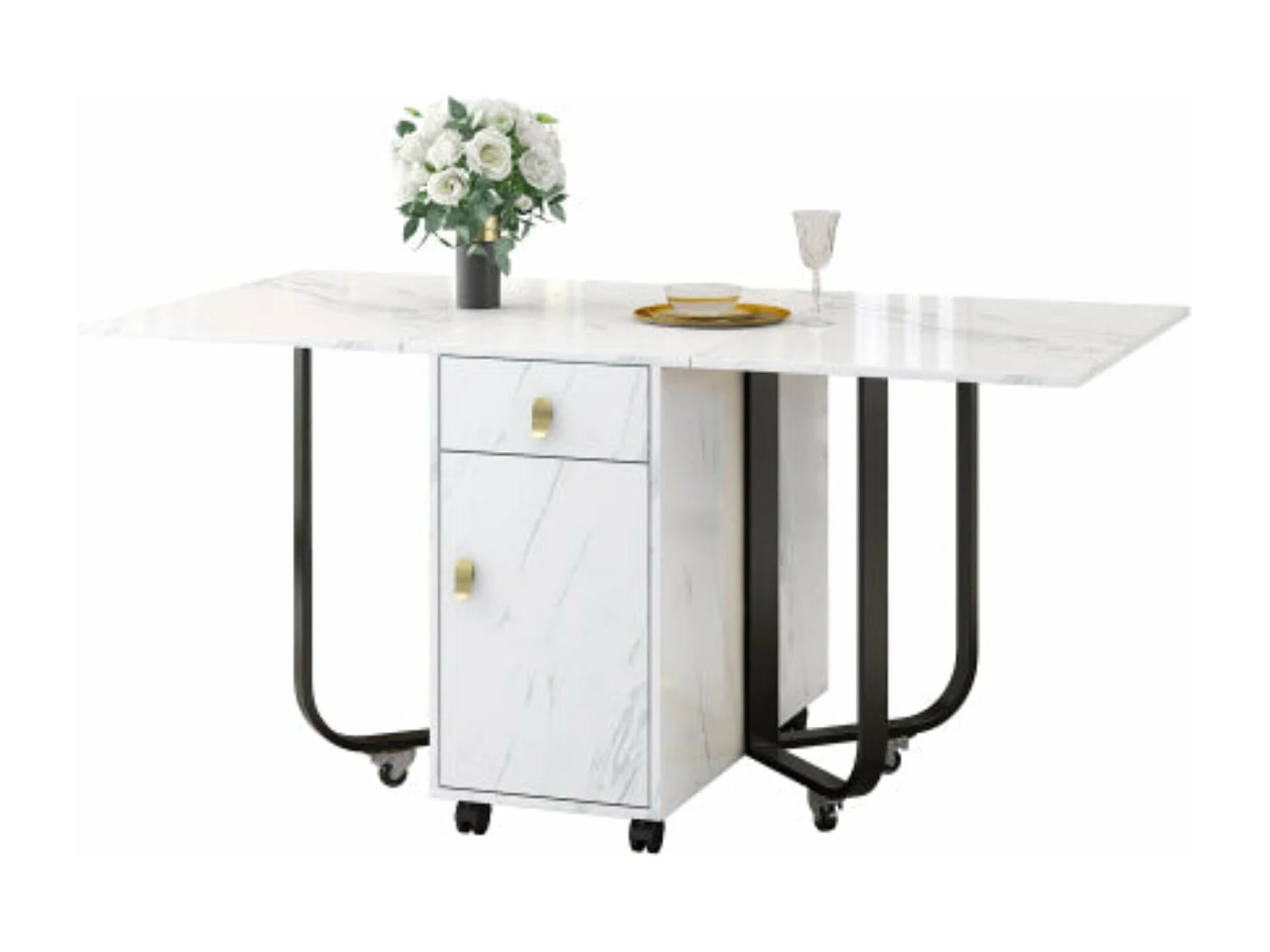 Table à manger pliante blanche et noire, peu encombrante,d150cm×h76cm