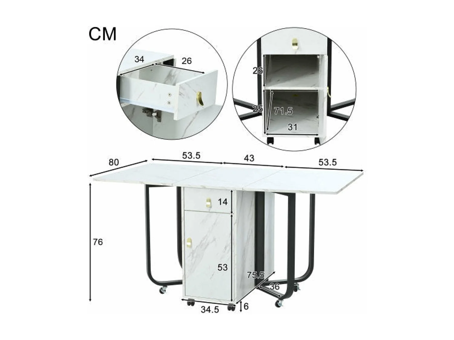 Table à manger pliante blanche et noire, peu encombrante,d150cm×h76cm
