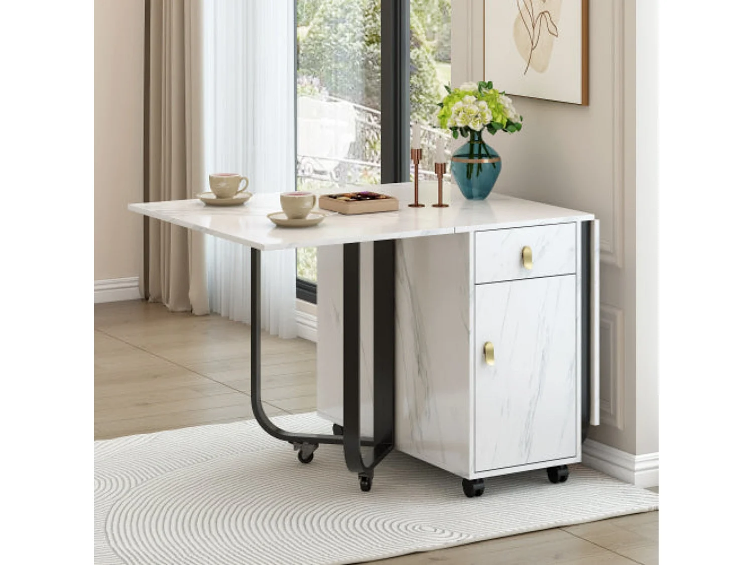 Table à manger pliante blanche et noire, peu encombrante,d150cm×h76cm